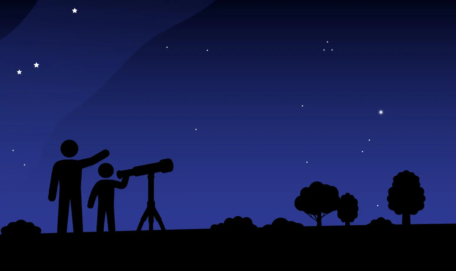 Silhouettes of kids stargazing with a telescope under a starry night sky, inspiring young astronomers to explore the universe.